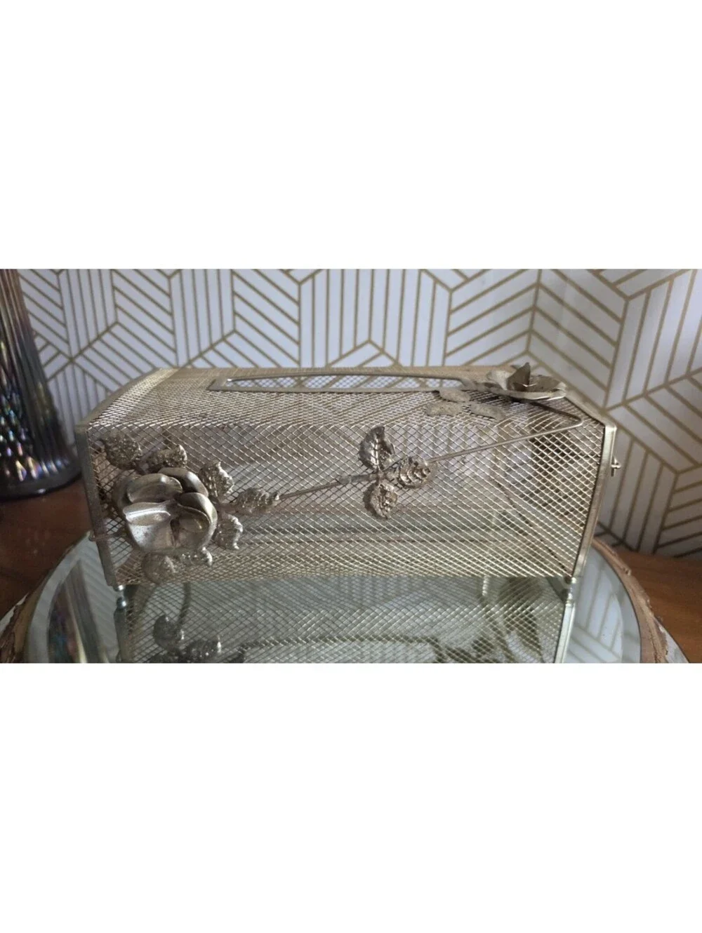 Vintage Floral Gold Tone Filigree Tissue Box Cover Hollywood Regency